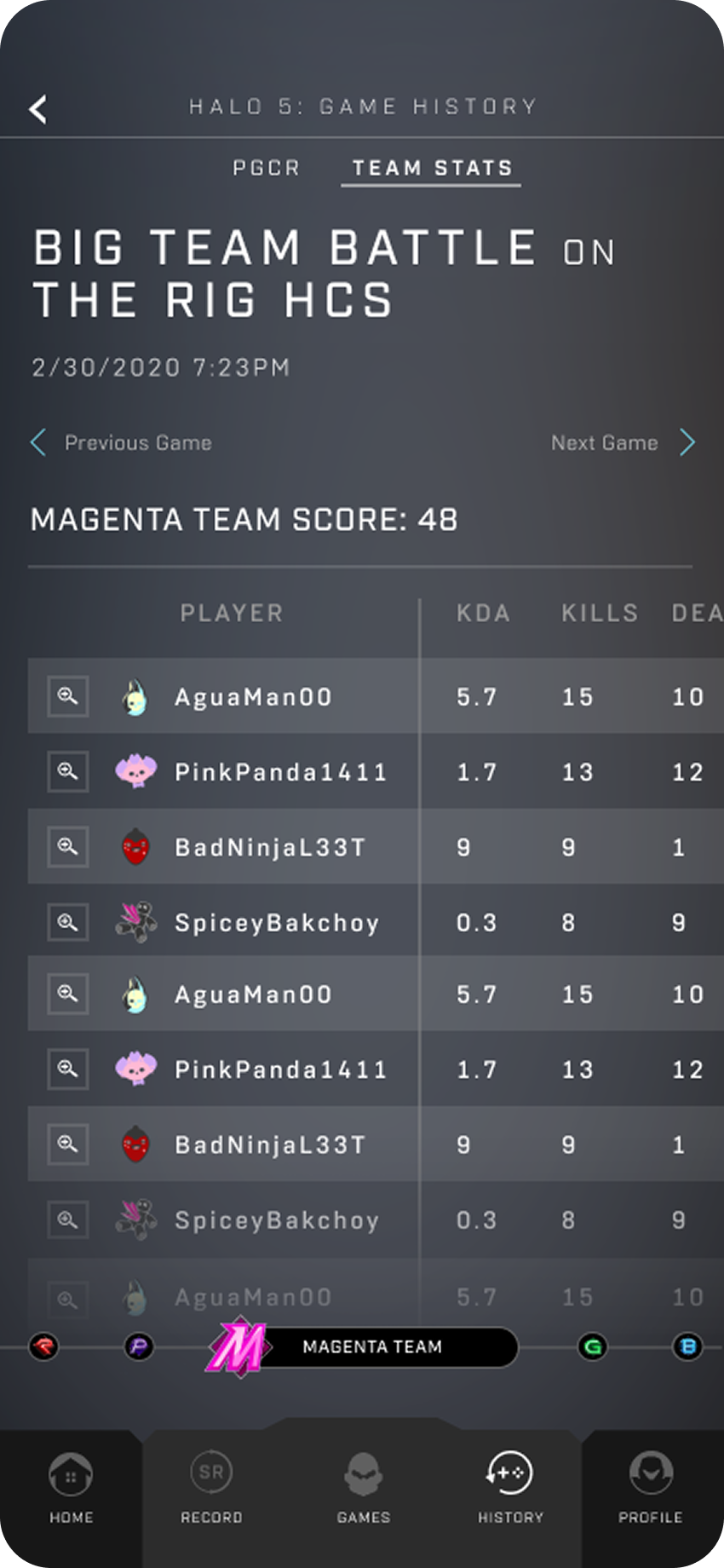 Scalable match history — horizontal swipe
