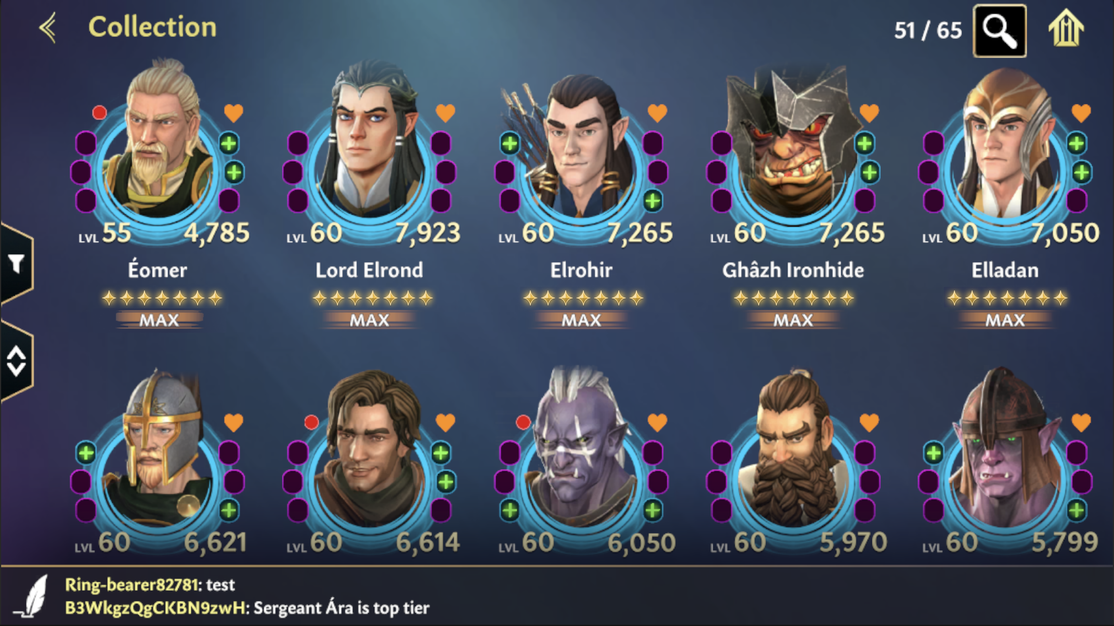 Before — collection screen, maxed heroes with no progression path