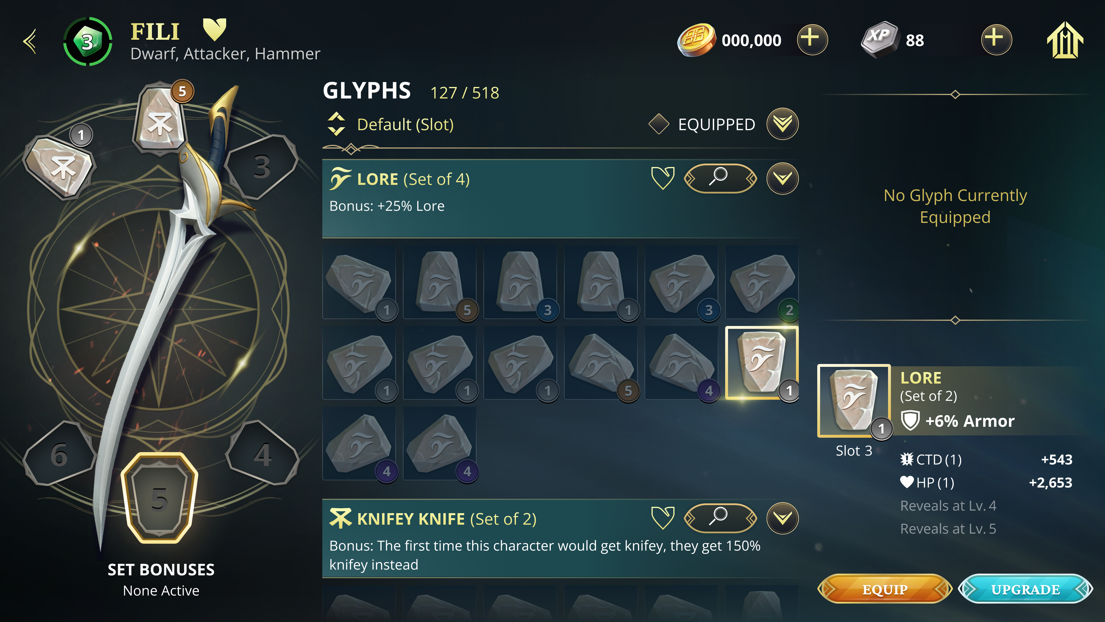 Glyph inventory — lore and quickness sets