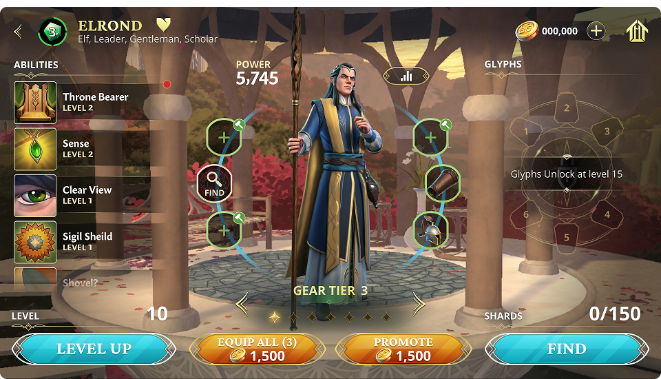 Elrond hero screen — Glyphs unlock at level 15