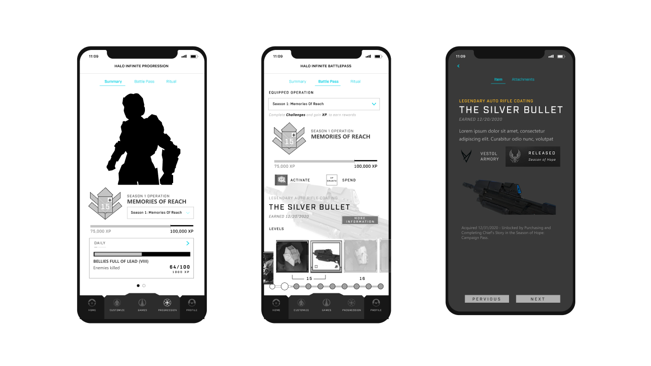 Halo Infinite progression — console wireframes